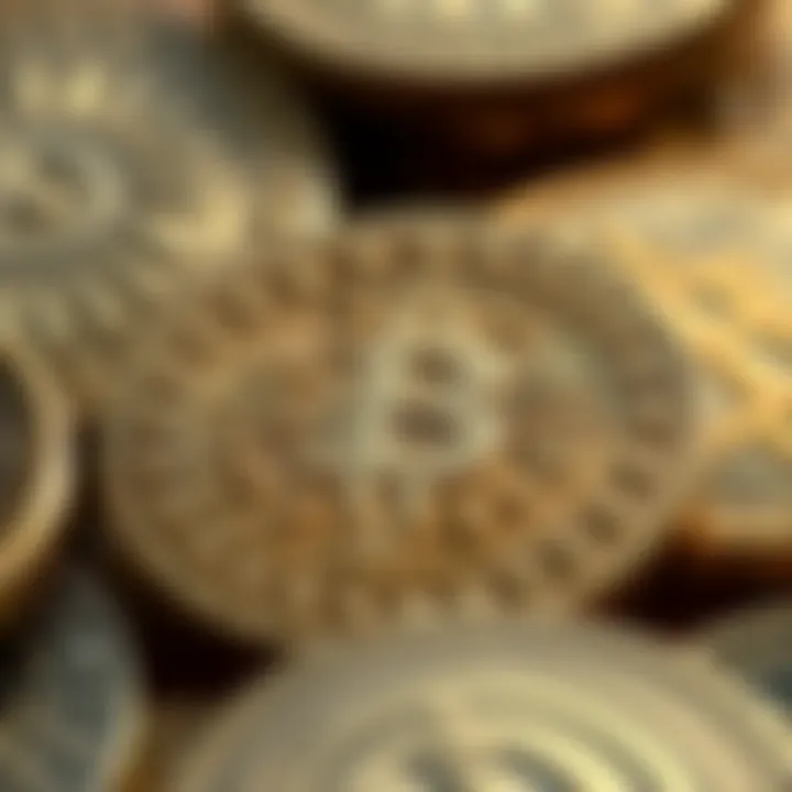 A detailed close-up of ancient coins showcasing intricate designs