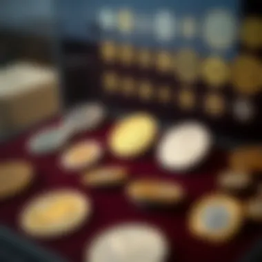 An array of rare coins displayed in a collector's case